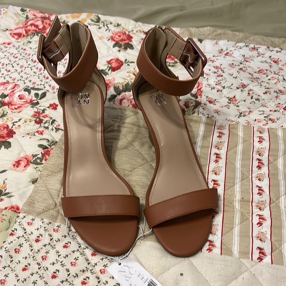 New York and Company wedge sandals, brown/tan, new with tags, size 8